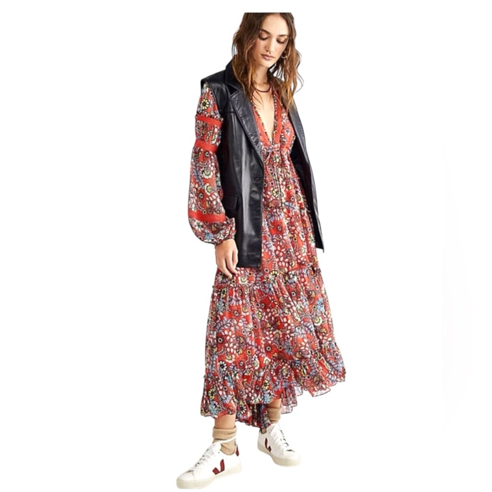 FREE PEOPLE Cassis Printed Chiffon Dress, Tiered, Mix Floral, Size XS. - Picture 3 of 12